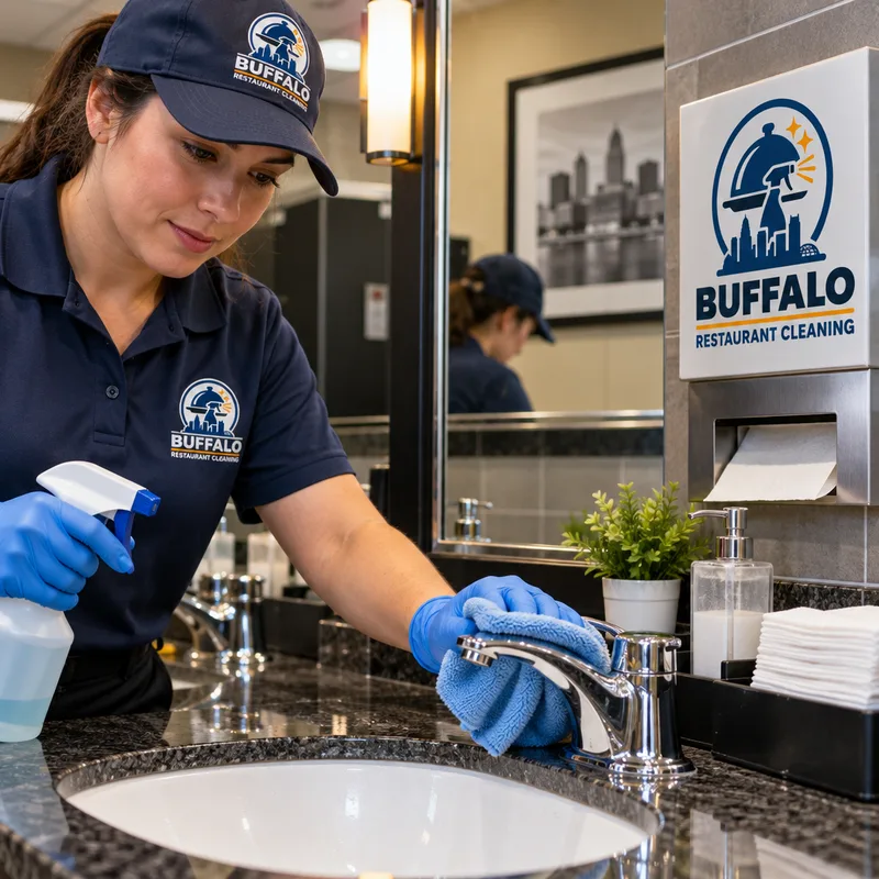 Cleaned and stocked restaurant restroom sink with polished mirror and sanitized touchpoints