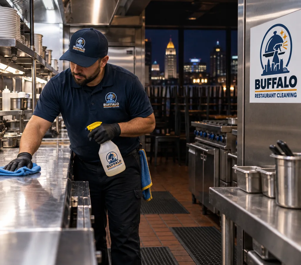 Night cleaning crew member wiping stainless prep surfaces in a commercial restaurant kitchen