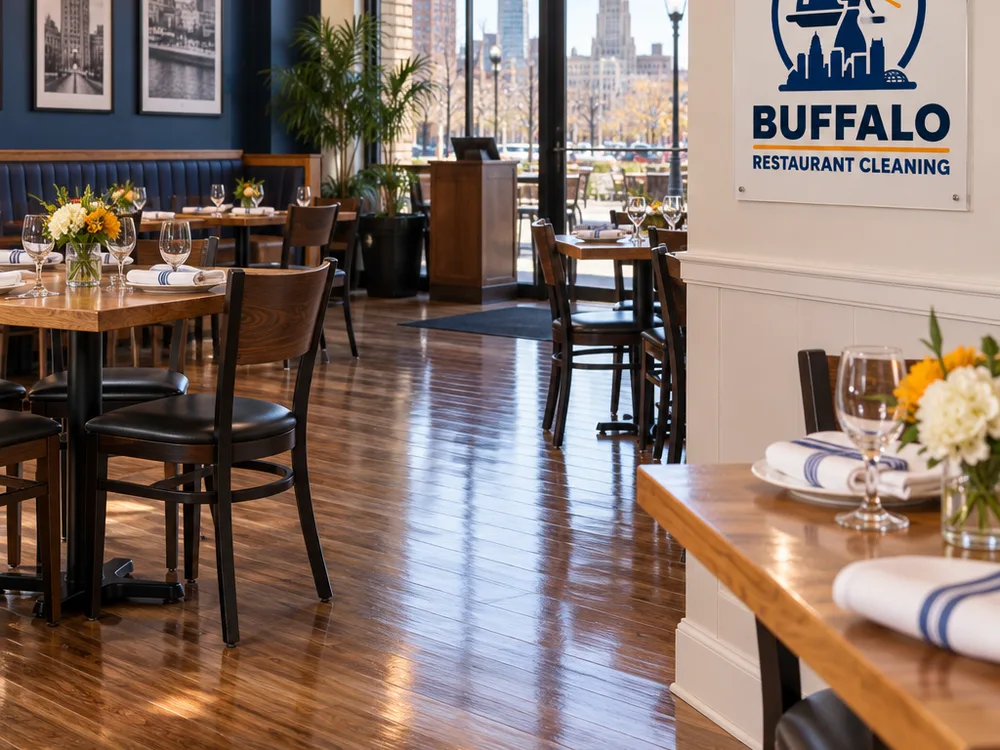 Freshly cleaned restaurant dining room floors with tables reset for opening