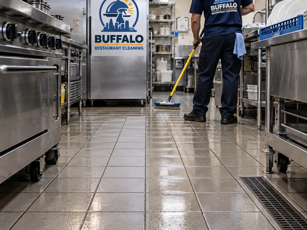 Commercial kitchen tile and grout after degreasing and scrubbing