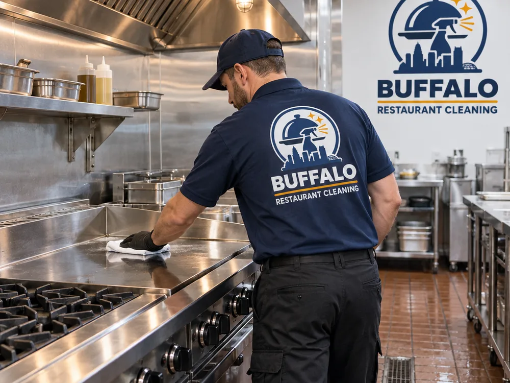 Cleaned commercial kitchen cook line with detailed stainless surfaces and scrubbed floor edges