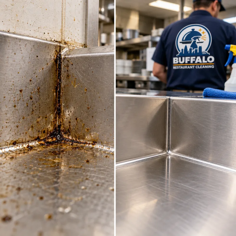 Close-up showing built-up residue removed from a stainless prep table seam and backsplash corner