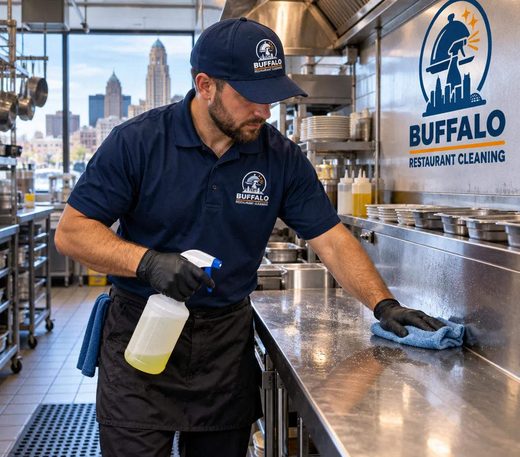 Professional cleaner wiping a stainless prep line and backsplash in an organized commercial restaurant kitchen