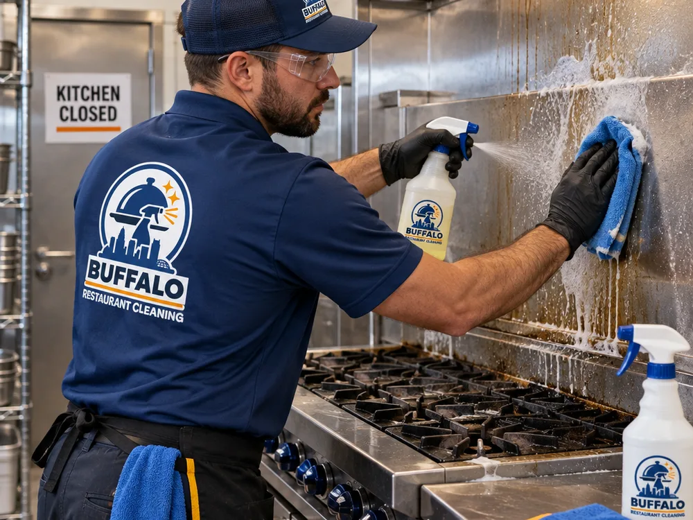 Cleaner in protective equipment detailing a commercial range and stainless backsplash with food-safe degreaser