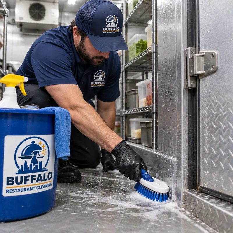 Technician scrubbing the coved floor edge and threshold inside a walk-in cooler with shelves staged for access
