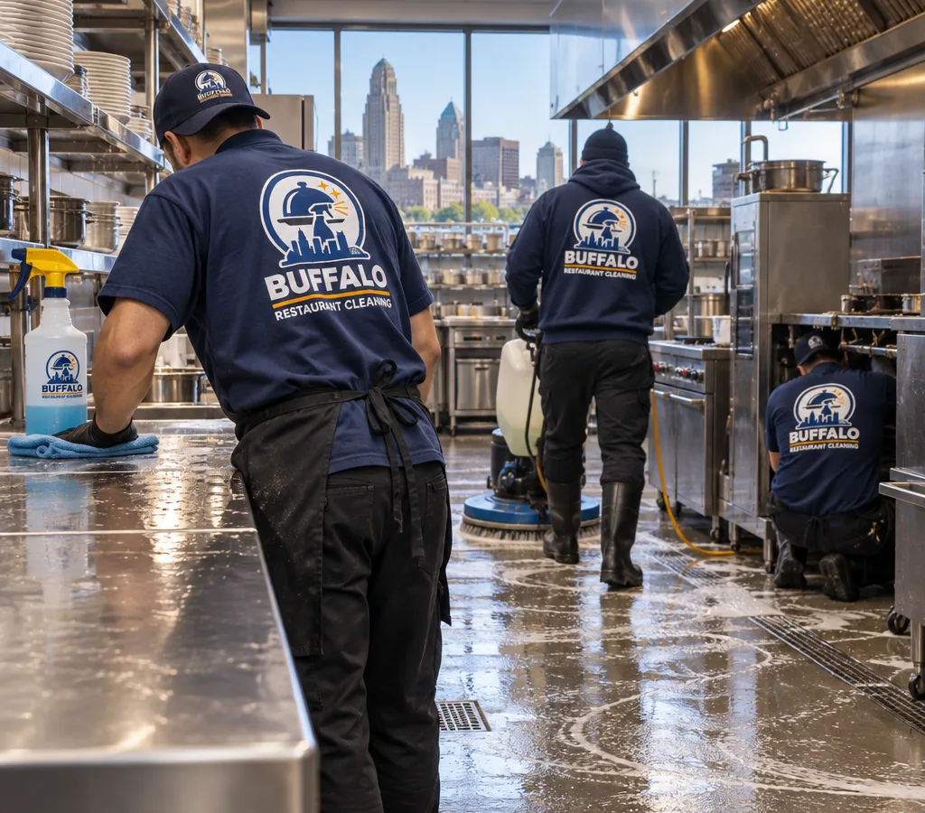 Commercial restaurant kitchen line undergoing a deep clean with stainless surfaces being detailed and the floor scrubbed