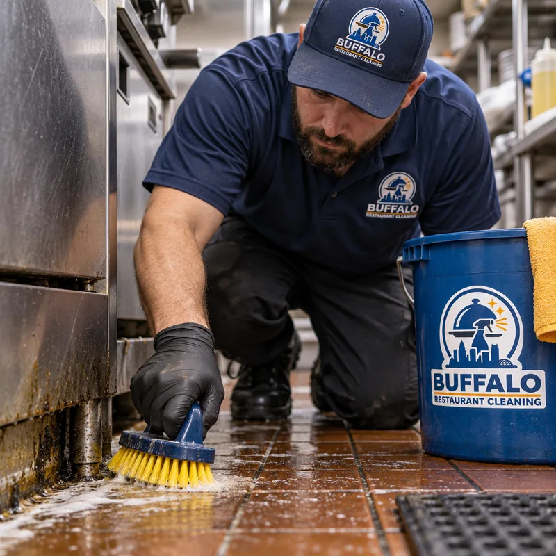 Technician wearing protective equipment scrubbing a grease-prone commercial kitchen floor edge and grout line near stainless equipment