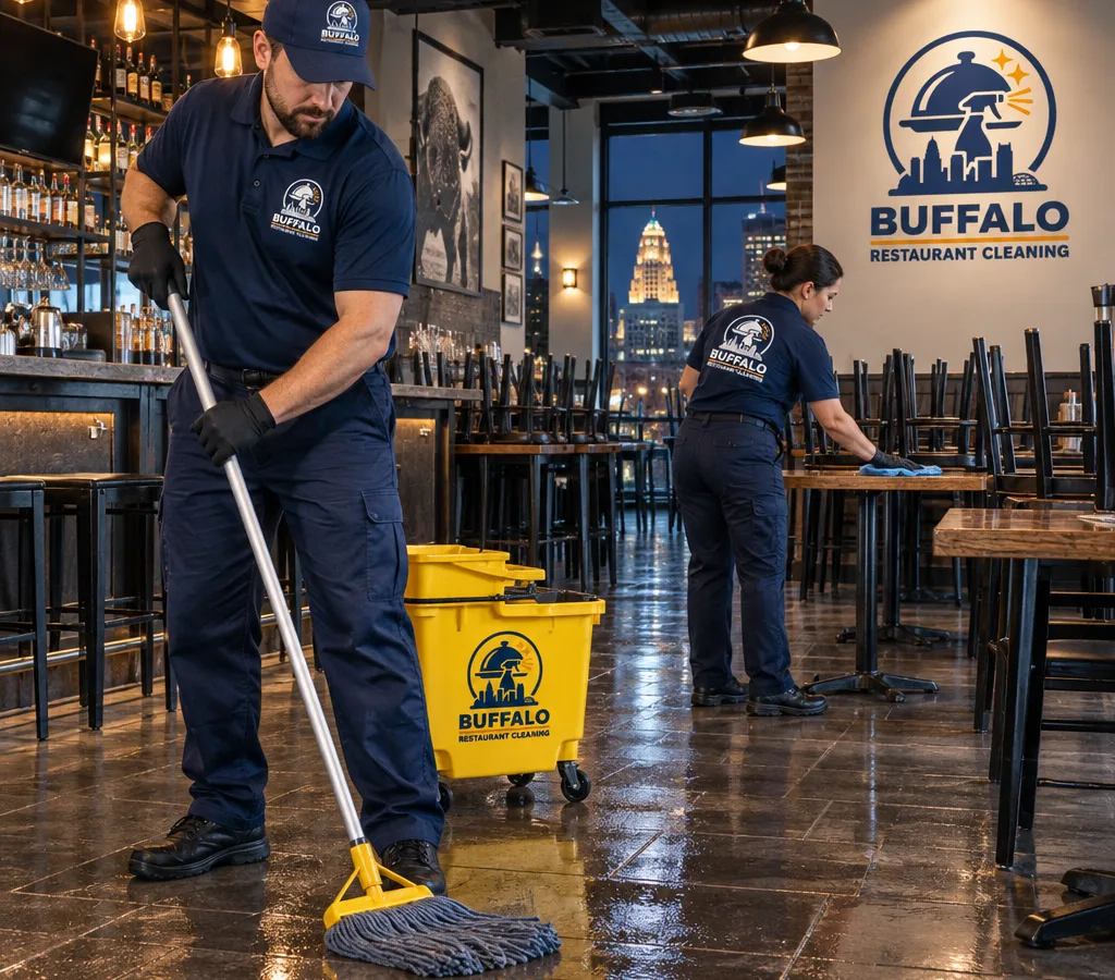 After-hours restaurant cleaning crew mopping a commercial tile floor and wiping dining room tables near the bar