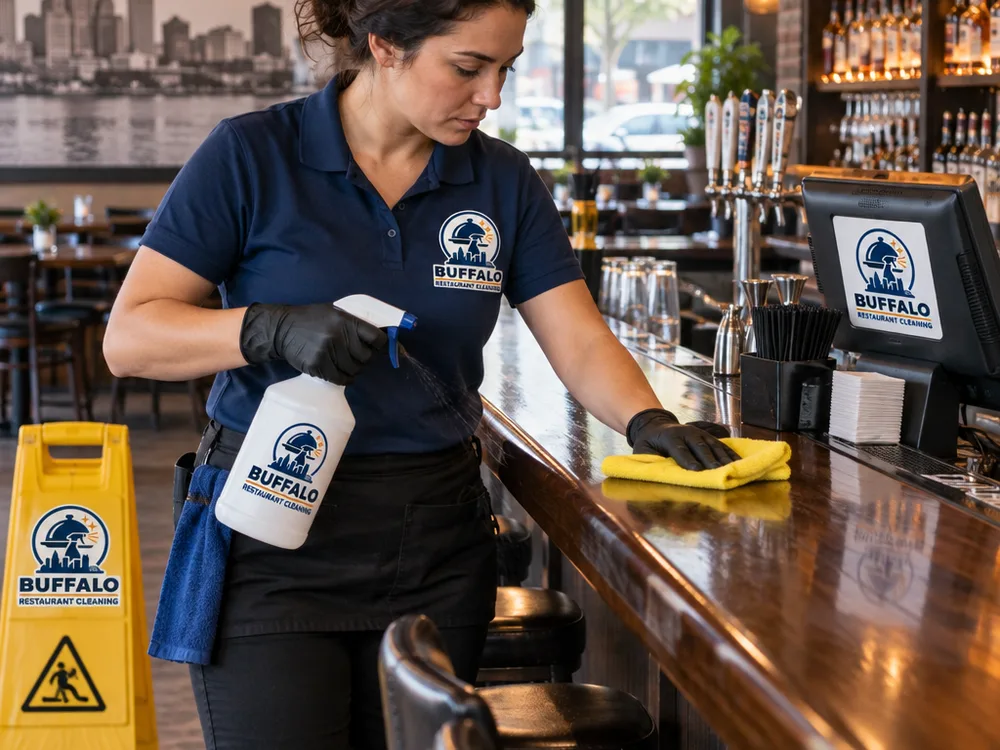 Cleaner detailing a restaurant bar rail and sanitizing high-touch areas with labeled supplies and floor signage