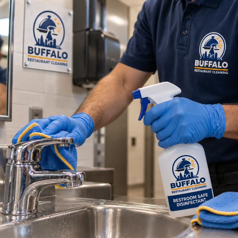 Gloved hands disinfecting a restaurant restroom faucet handle and sink rim with labeled disinfectant and microfiber cloths