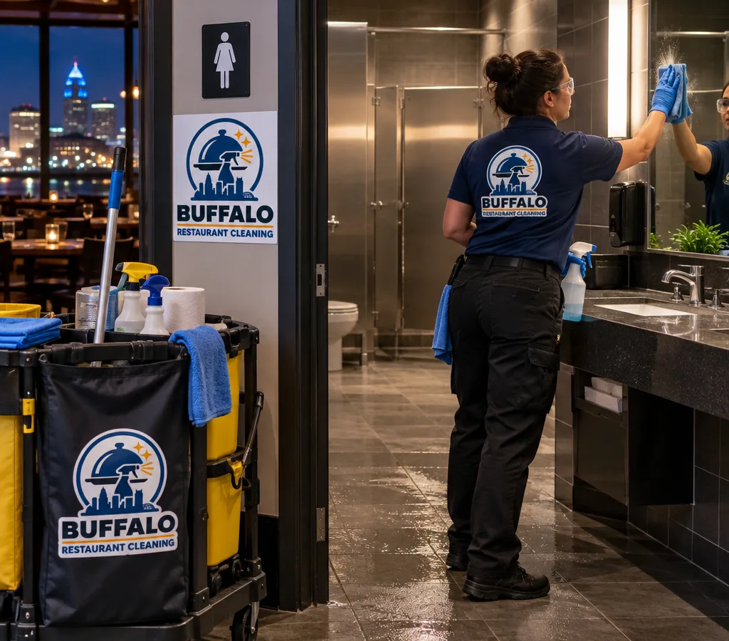 Night-time janitorial technician deep-cleaning sinks, mirrors, partitions, and floors in a restaurant restroom