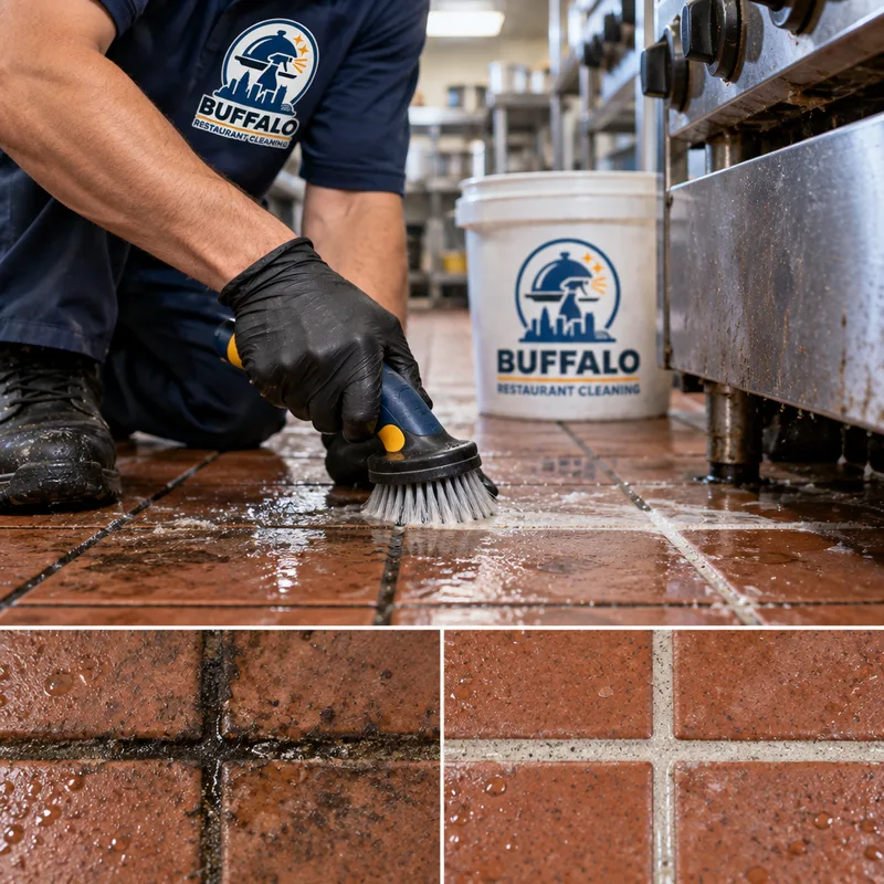 Close-up of restaurant tile and grout being scrubbed near a commercial cook line
