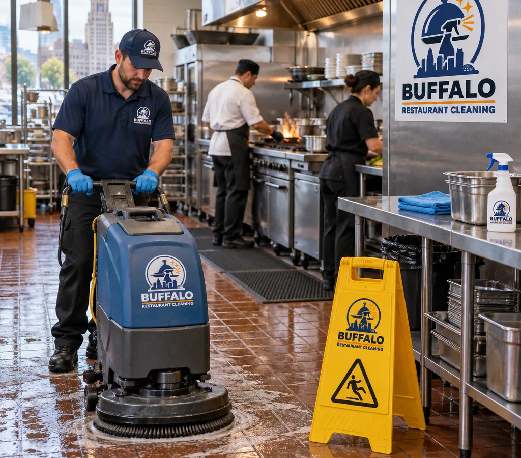 Commercial restaurant kitchen in Buffalo with tile flooring being mechanically scrubbed around safely cleared work zones