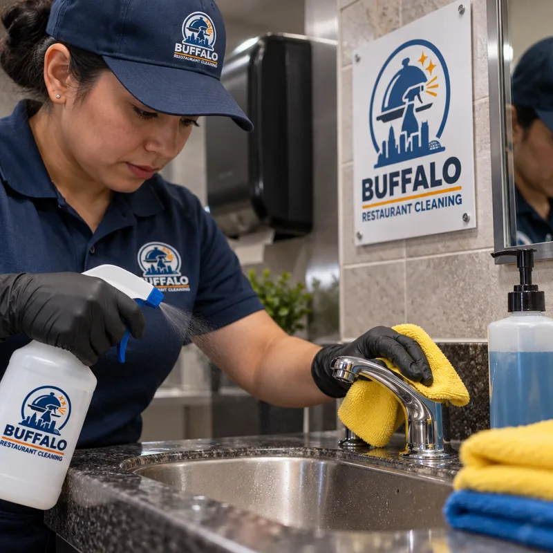 Cleaner disinfecting a restaurant restroom sink and faucet area with labeled supplies and microfiber cloths