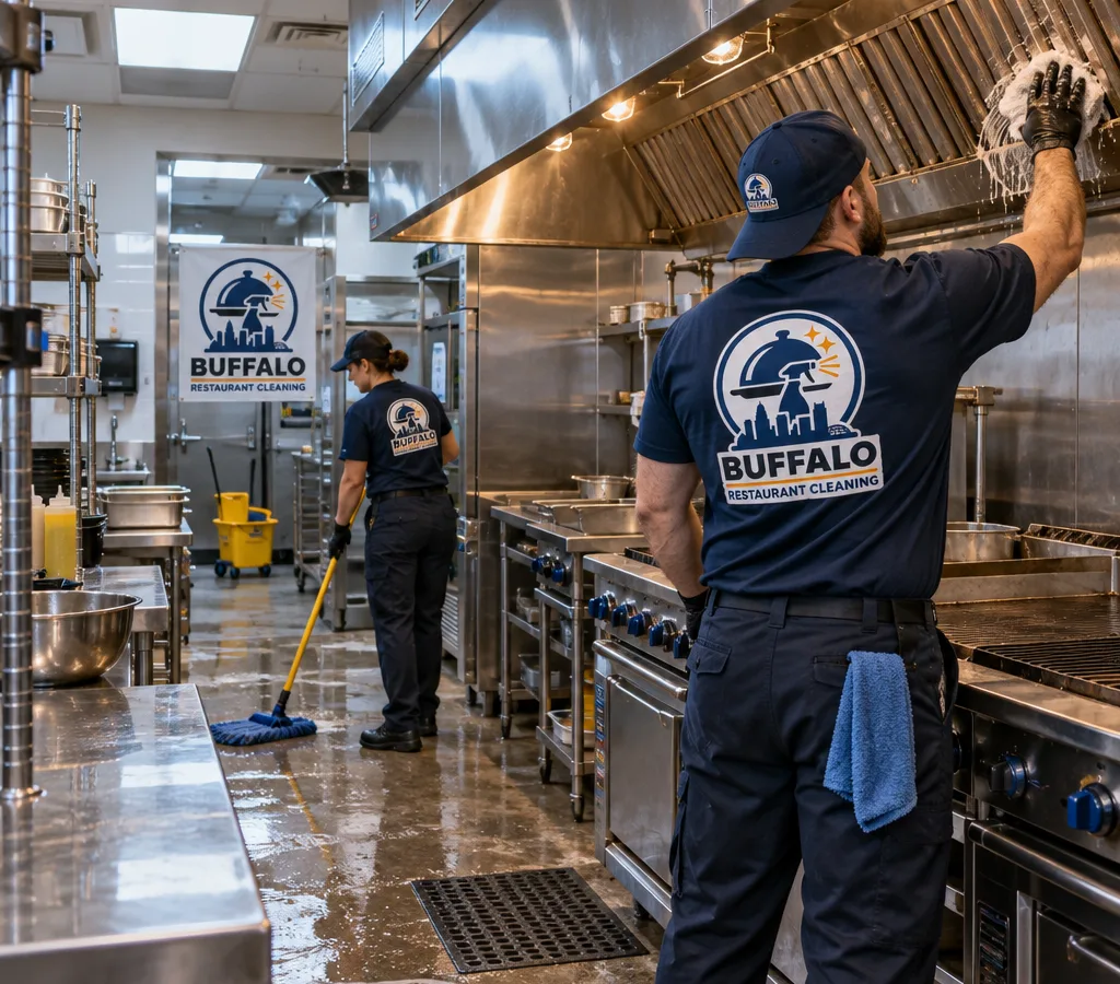 After-hours professional cleaners sanitizing a West Seneca restaurant kitchen line, prep tables, and floors