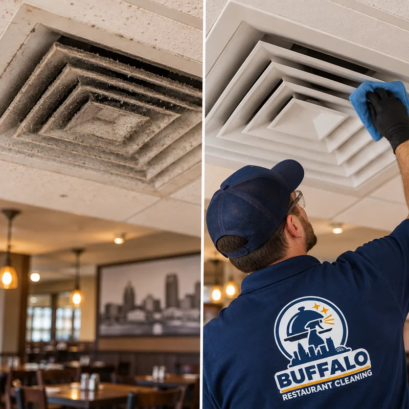 Restaurant ceiling diffuser shown with dust buildup and a clean even finish after high dusting