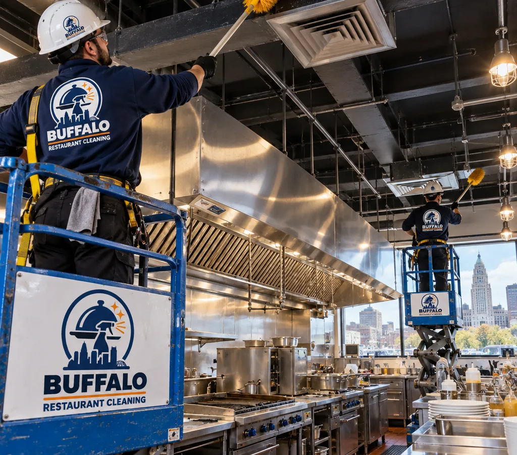 Technicians in protective equipment high dusting ceilings, exposed beams, and HVAC diffusers above a commercial cook line