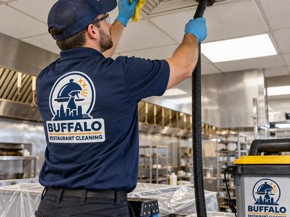 Technician cleaning high HVAC diffusers and ceiling grid above protected commercial kitchen prep surfaces