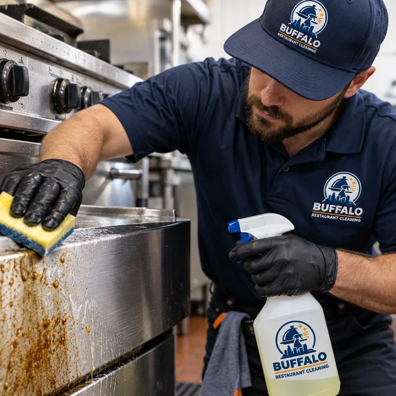 Cleaner removing a visible grease line from a stainless steel commercial equipment exterior