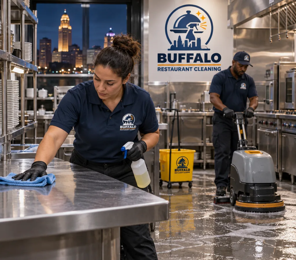 After-hours cleaner wiping stainless prep tables while a floor scrubber cleans a commercial restaurant kitchen
