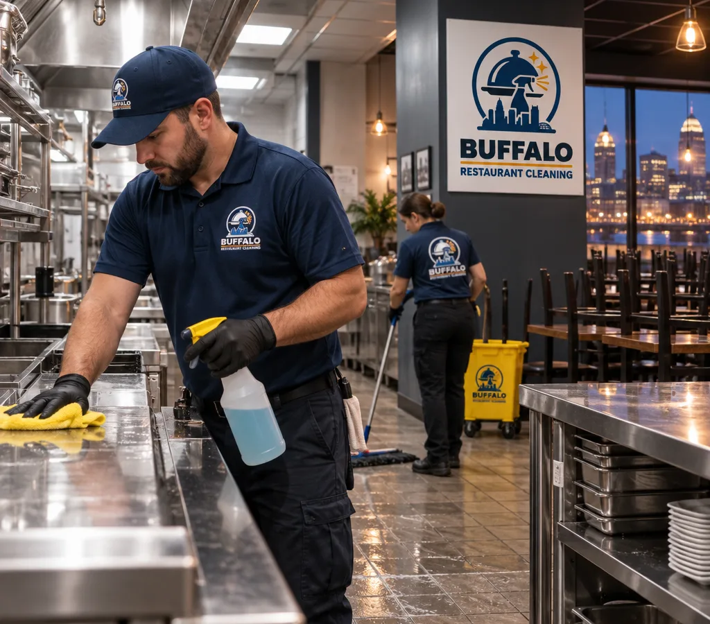 After-hours restaurant kitchen and dining room being professionally cleaned with attention to stainless surfaces, floors, and food-contact-safe procedures