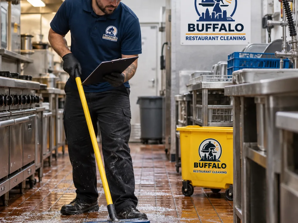 Cleaner using a restaurant back-of-house zone checklist while deep-scrubbing a commercial kitchen floor near the cook line and dish area