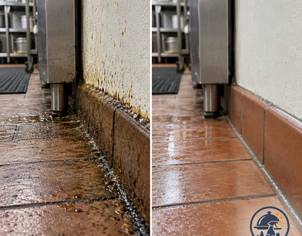 Before and after view of grease buildup removed from a kitchen floor edge near a baseboard
