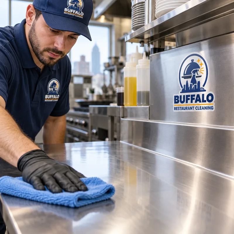 Clean stainless steel prep table and backsplash with sanitized touch points and organized surfaces