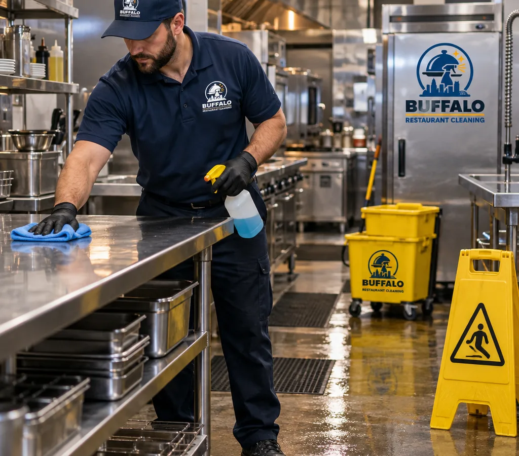 After-hours restaurant cleaner wiping stainless prep tables and equipment in a freshly scrubbed commercial kitchen