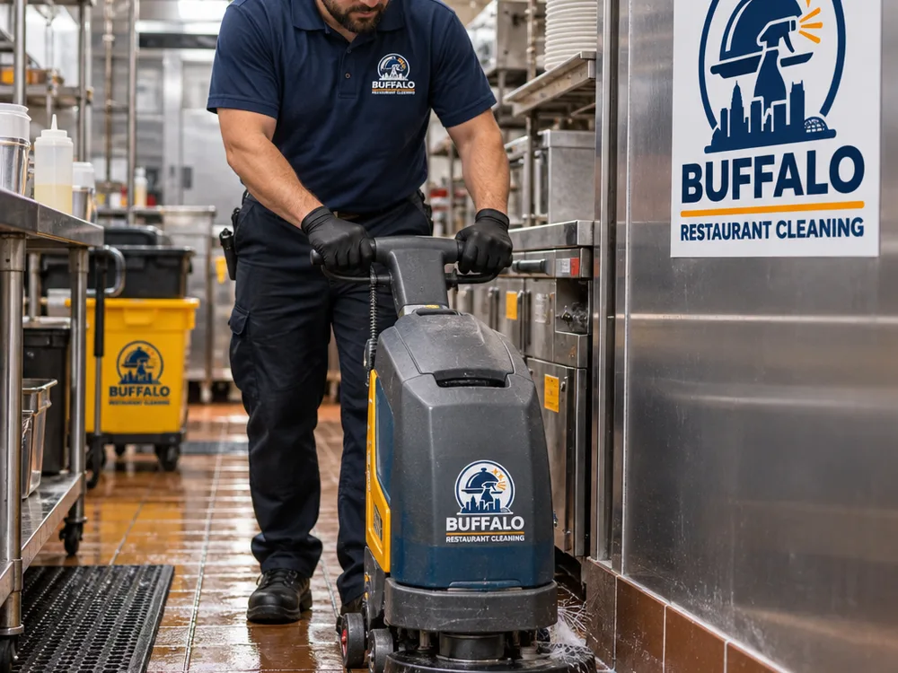 Cleaner using a commercial floor scrubber along edges and corners in a restaurant kitchen aisle