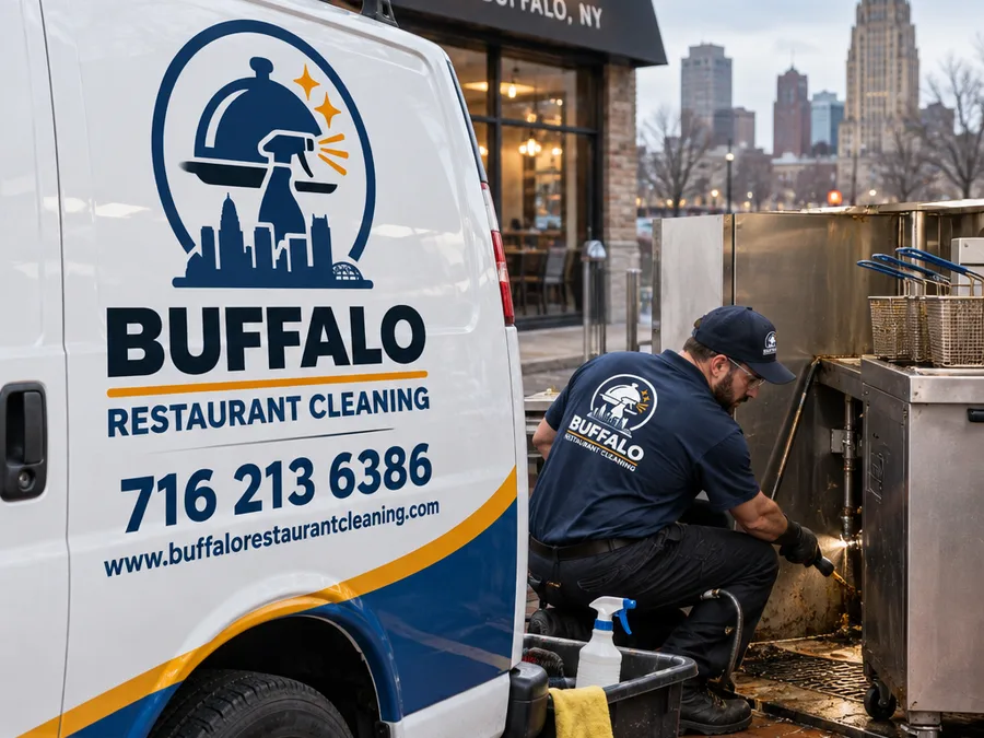 Crew member in protective equipment safely cleaning grease behind a commercial fryer pulled forward for access