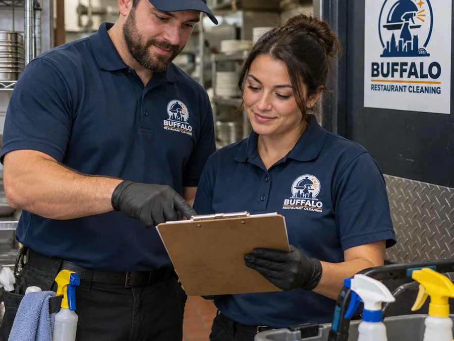 Restaurant cleaning crew reviewing a printed checklist before starting work