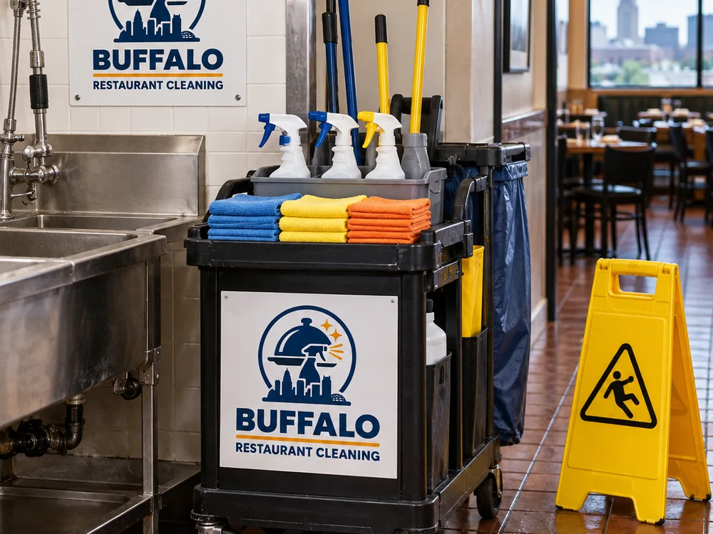 Organized commercial janitorial cart staged in a restaurant hallway